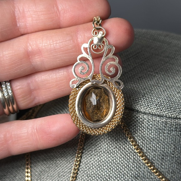 Vintage Pauline Amber Glass Cabochon Multi Chain Pendant Necklace - Picture 9 of 10